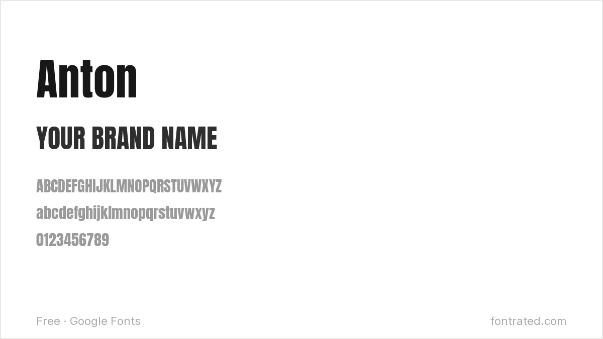 10 Best Free Fonts for Logo & Branding 5 - FontRated Anton Google Font specimen - alphabet and sample text preview