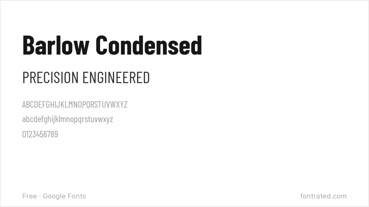 The Best Free Alternatives to FF DIN (2026) 3 - FontRated Barlow Condensed Google Font specimen