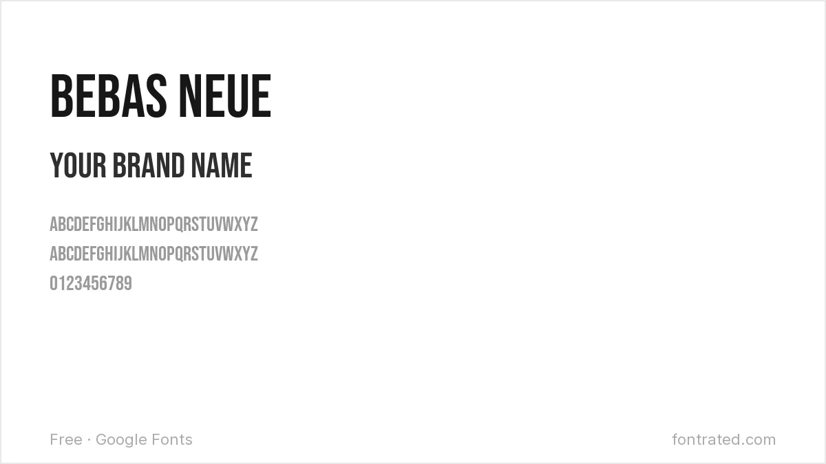 10 Best Free Fonts for Logo & Branding 2 - FontRated Bebas Neue Google Font specimen - alphabet and sample text preview