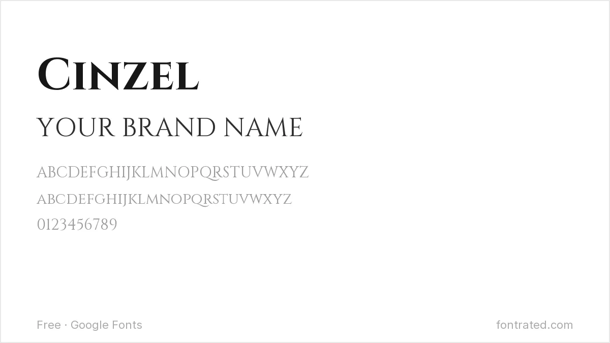 10 Best Free Fonts for Logo & Branding 11 - FontRated Cinzel Google Font specimen - alphabet and sample text preview
