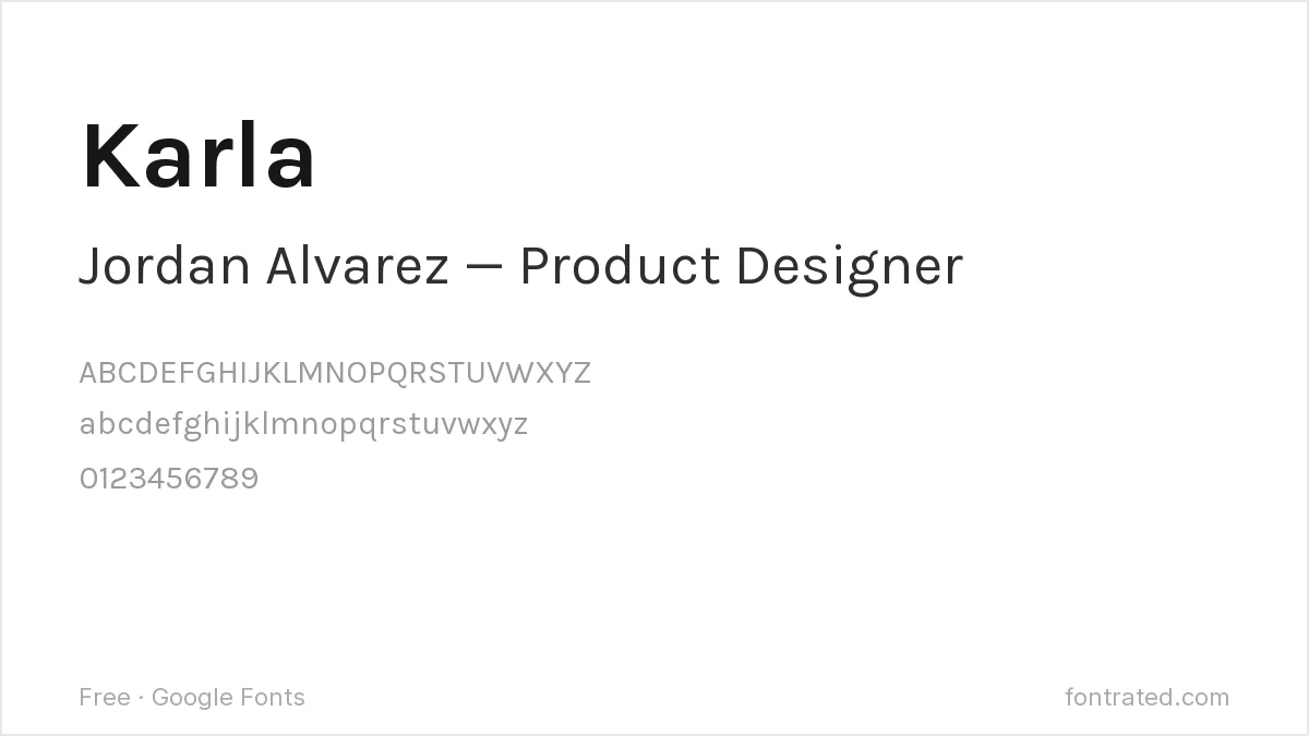 10 Best Free Fonts for a Resume & CV 6 - FontRated Karla Google Font specimen - alphabet and sample text preview