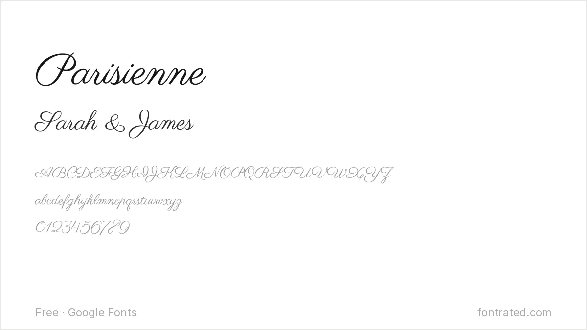 10 Best Free Fonts for Wedding Invitations 5 - FontRated Parisienne Google Font specimen - alphabet and sample text preview